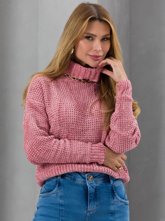 Blusa Feminina Tricot Gola Alta Fio Mousse