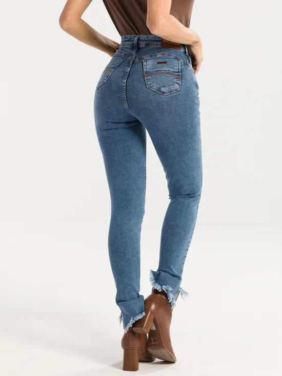 Calça Feminina Jeans Skinny Barra Desfiada