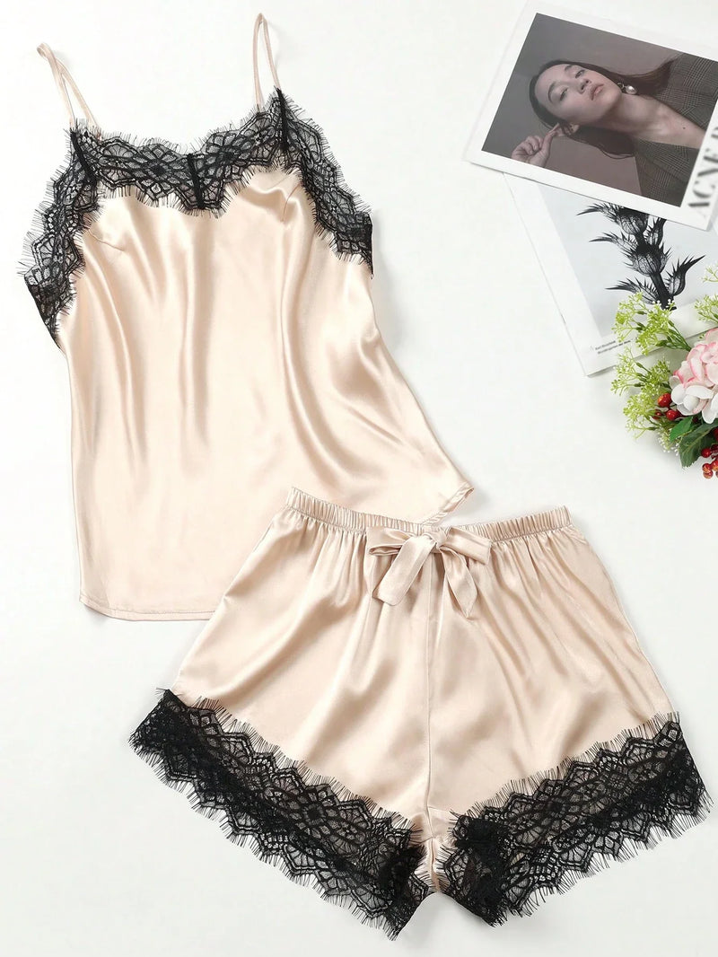 2 Peças/conjunto Camisole E Pijama De Cetim E Renda