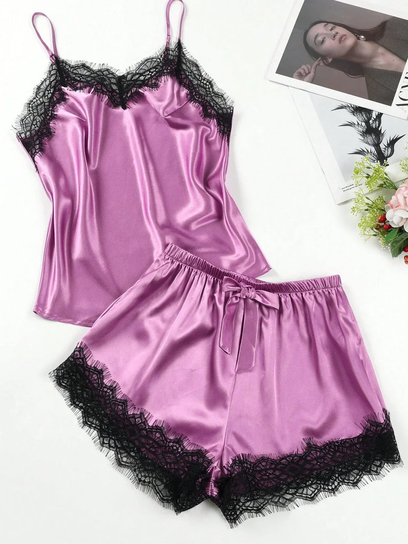 2 Peças/conjunto Camisole E Pijama De Cetim E Renda
