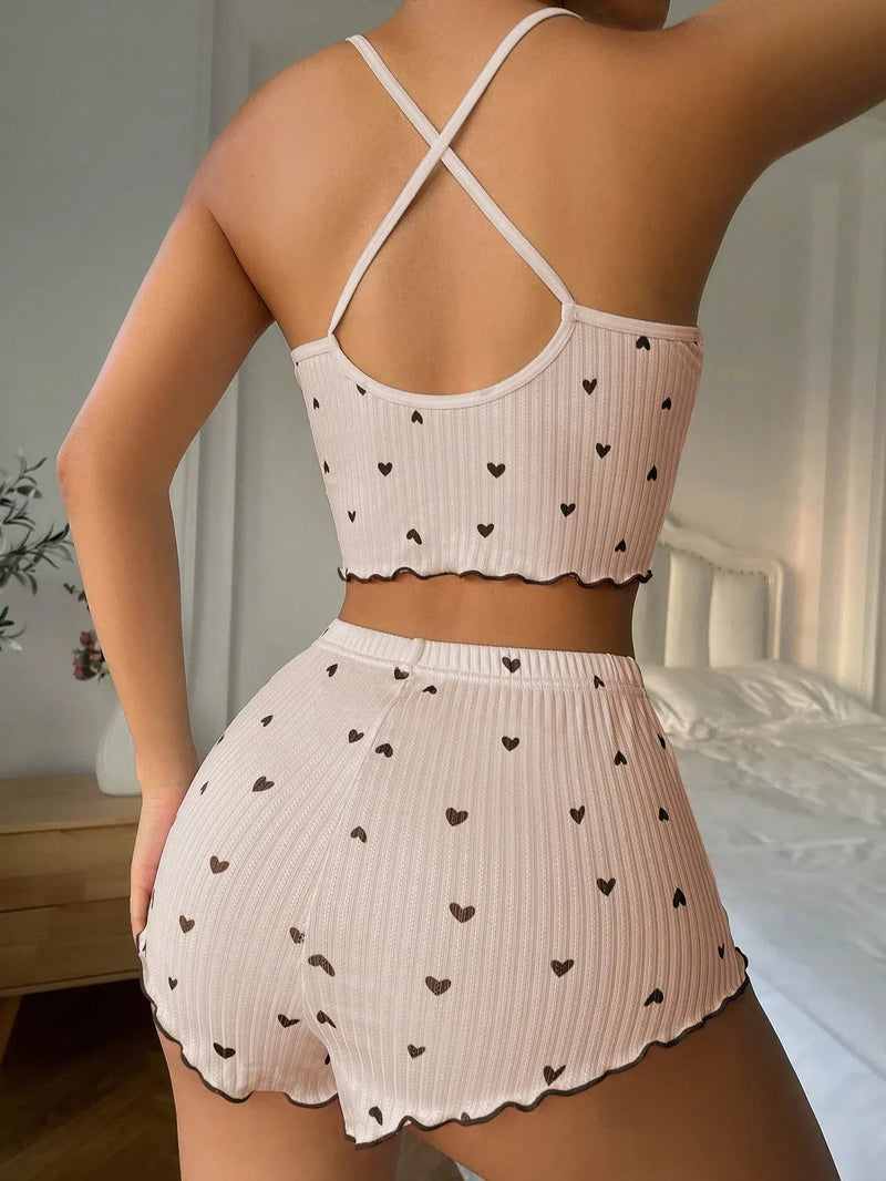 Conjunto de Pijama Feminino Simples com Camisole estampada com Corações