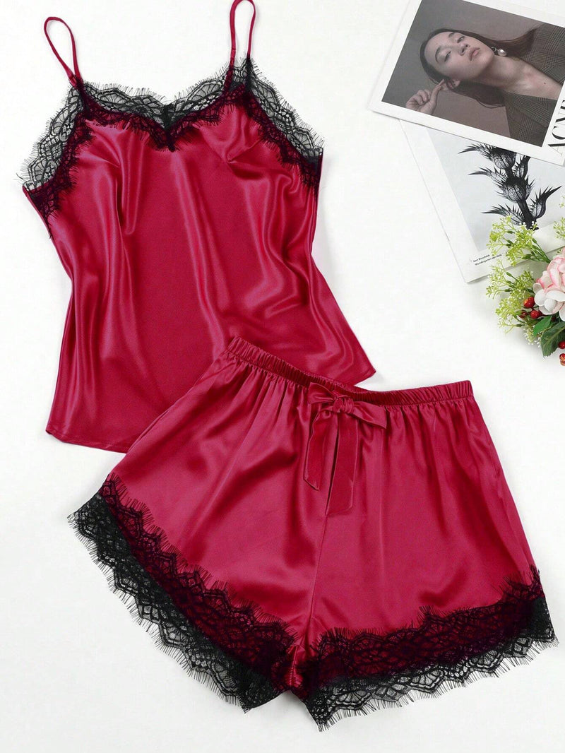 2 Peças/conjunto Camisole E Pijama De Cetim E Renda