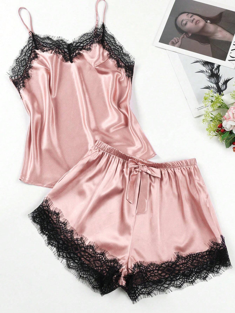 2 Peças/conjunto Camisole E Pijama De Cetim E Renda