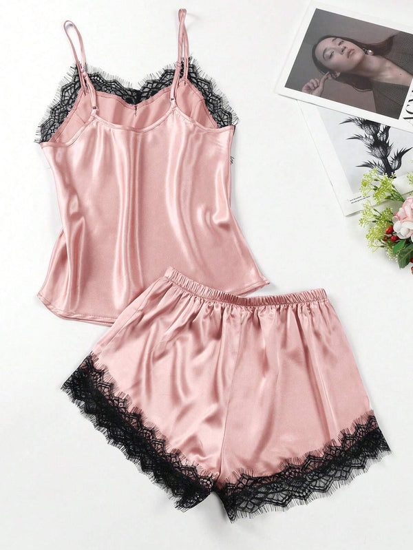 2 Peças/conjunto Camisole E Pijama De Cetim E Renda