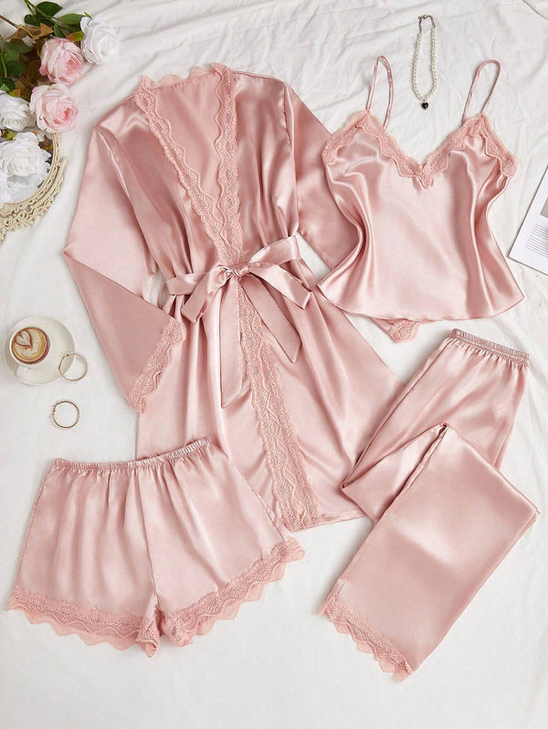 4 peças Conjunto de Camisola, Shorts, Calças e Roupão de Renda Revestida em Seda Sintética, Conjunto de Pijama