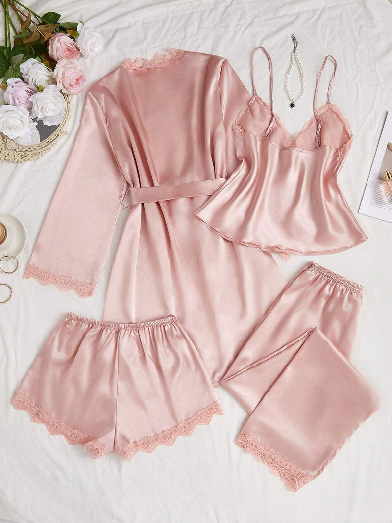 4 peças Conjunto de Camisola, Shorts, Calças e Roupão de Renda Revestida em Seda Sintética, Conjunto de Pijama