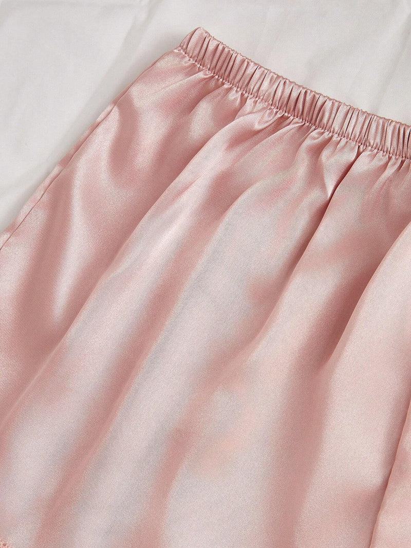 4 peças Conjunto de Camisola, Shorts, Calças e Roupão de Renda Revestida em Seda Sintética, Conjunto de Pijama