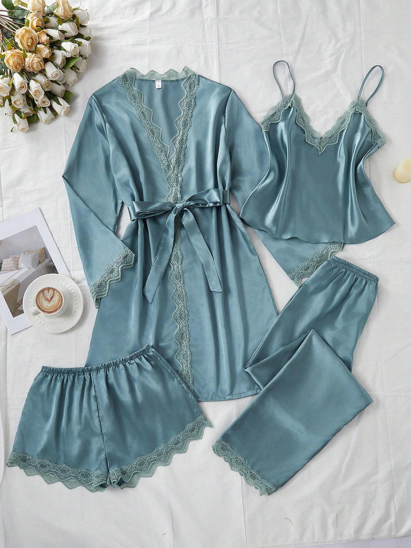 4 peças Conjunto de Camisola, Shorts, Calças e Roupão de Renda Revestida em Seda Sintética, Conjunto de Pijama