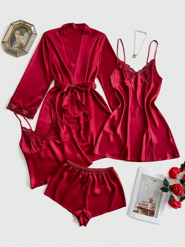 4 peças: Camisola de seda falsa bordada com decote em V + Top e Shorts + Roupão
