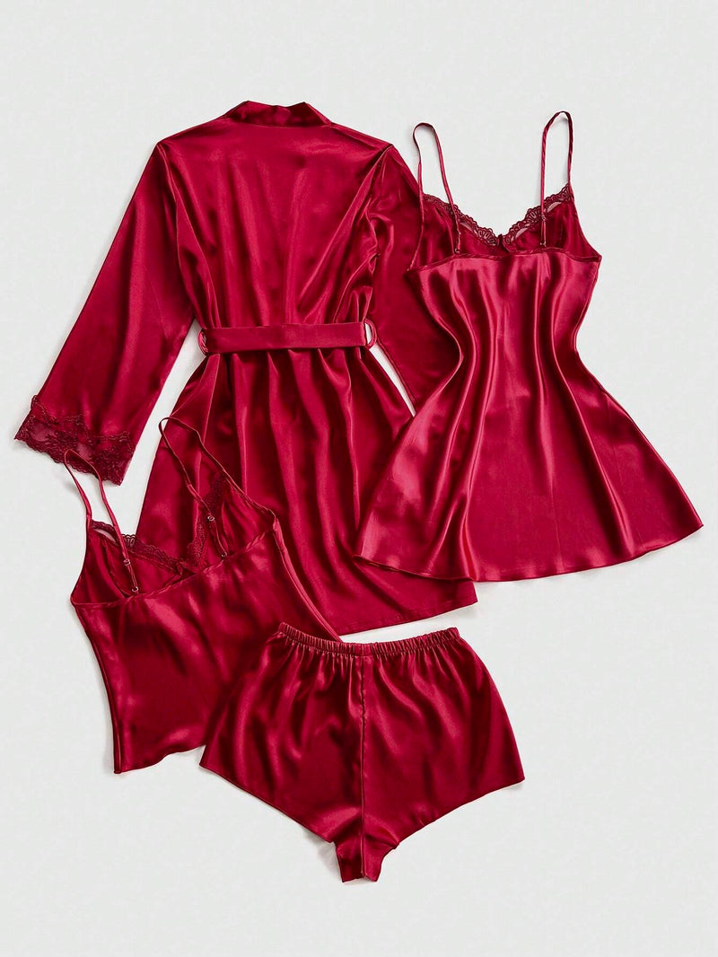 4 peças: Camisola de seda falsa bordada com decote em V + Top e Shorts + Roupão
