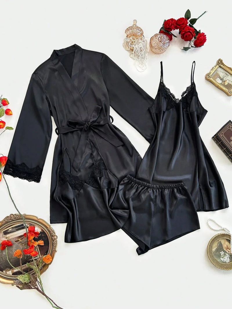 4 peças: Camisola de seda falsa bordada com decote em V + Top e Shorts + Roupão