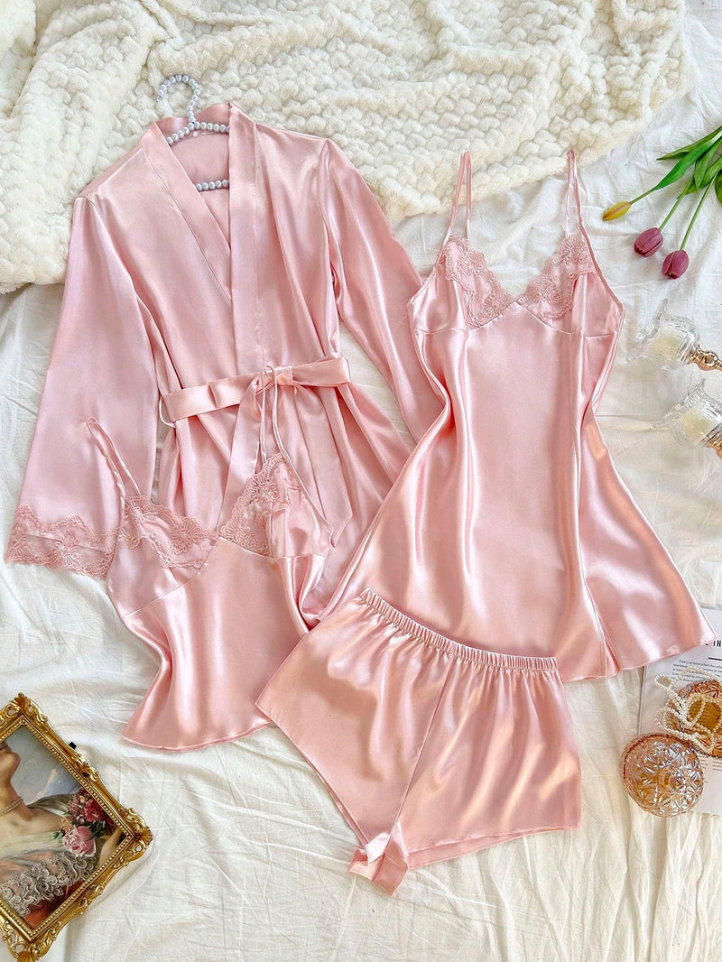 4 peças: Camisola de seda falsa bordada com decote em V + Top e Shorts + Roupão