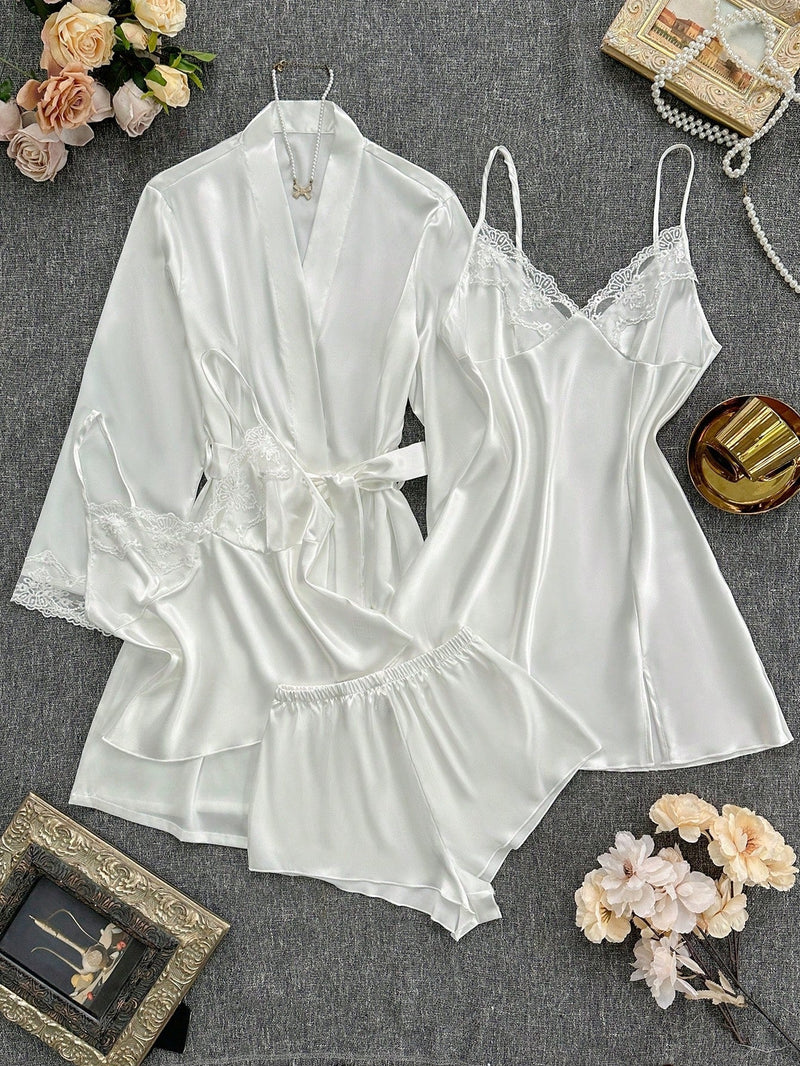 4 peças: Camisola de seda falsa bordada com decote em V + Top e Shorts + Roupão
