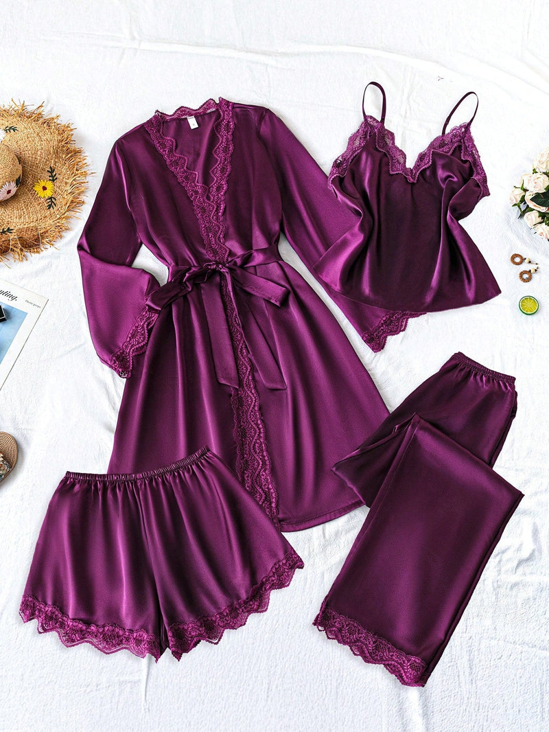 4 peças Conjunto de Camisola, Shorts, Calças e Roupão de Renda Revestida em Seda Sintética, Conjunto de Pijama