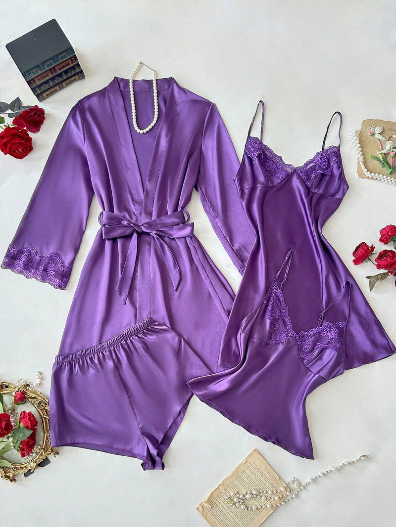 4 peças: Camisola de seda falsa bordada com decote em V + Top e Shorts + Roupão