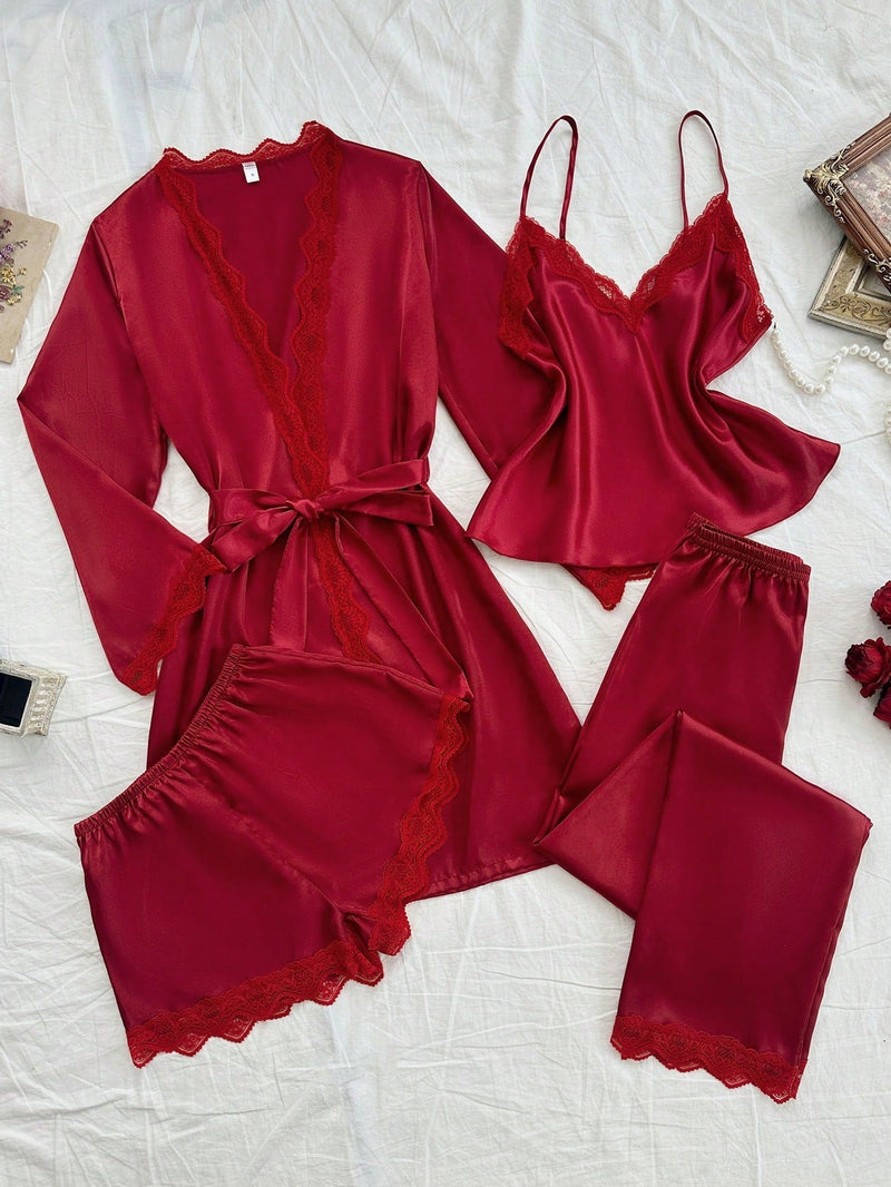 4 peças Conjunto de Camisola, Shorts, Calças e Roupão de Renda Revestida em Seda Sintética, Conjunto de Pijama