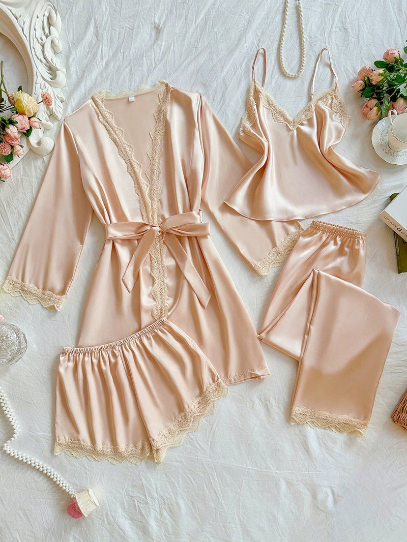 4 peças Conjunto de Camisola, Shorts, Calças e Roupão de Renda Revestida em Seda Sintética, Conjunto de Pijama