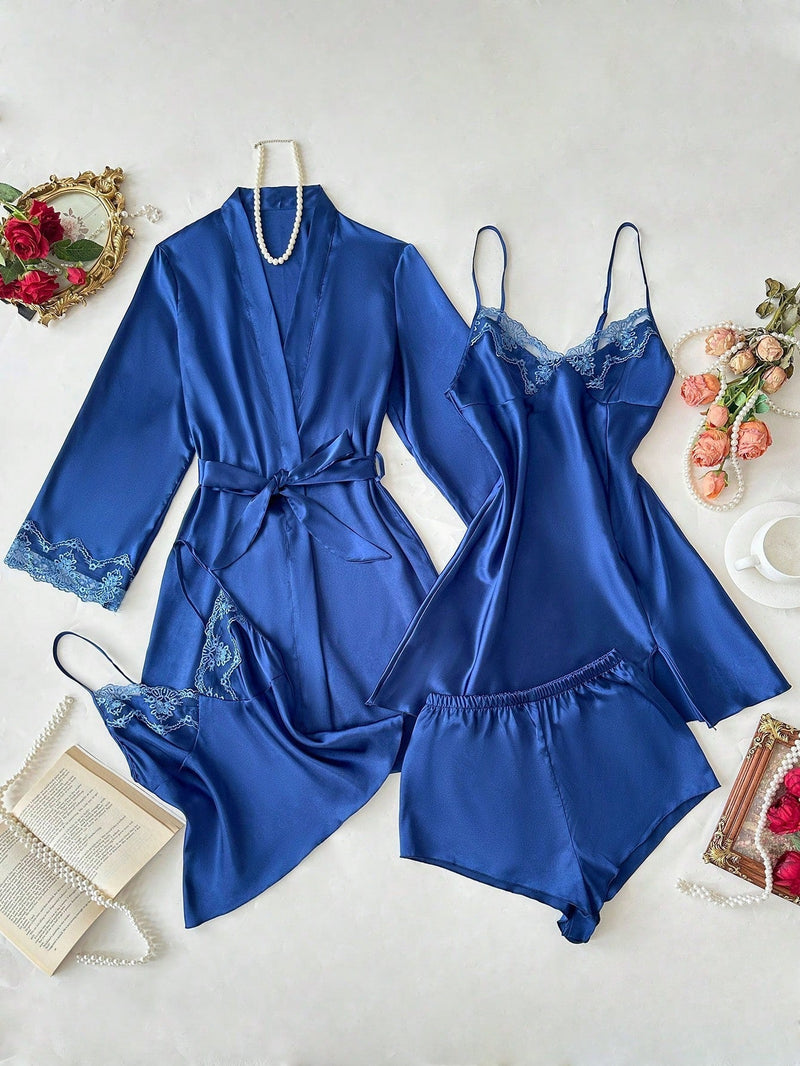 4 peças: Camisola de seda falsa bordada com decote em V + Top e Shorts + Roupão