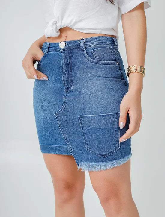 Saia Feminina Jeans Meia Coxa Barra Assimetrica