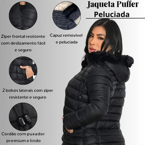 2 Jaquetas Puffer Feminina com Capuz de Pelinho