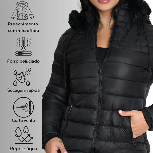 Jaqueta Puffer Feminina com Capuz de Pelinho
