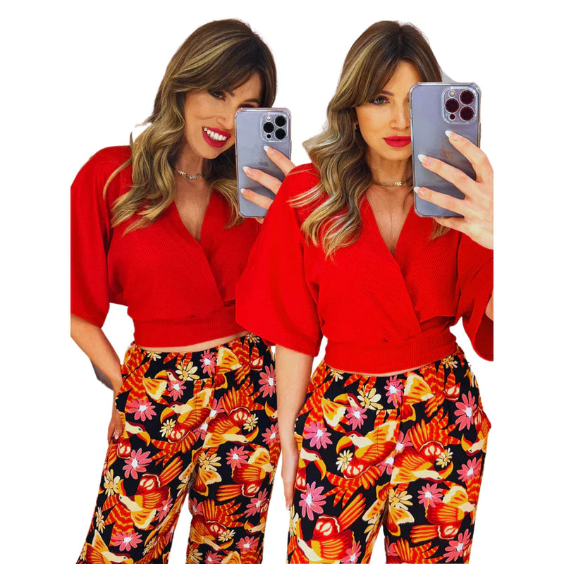 Camisa Cruzada Cropped Básica Manga Larga Morcego Gola V
