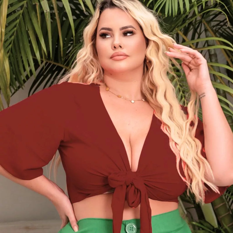 Camisa Plus Size de Amarrar Manga Flare G1 G2 G