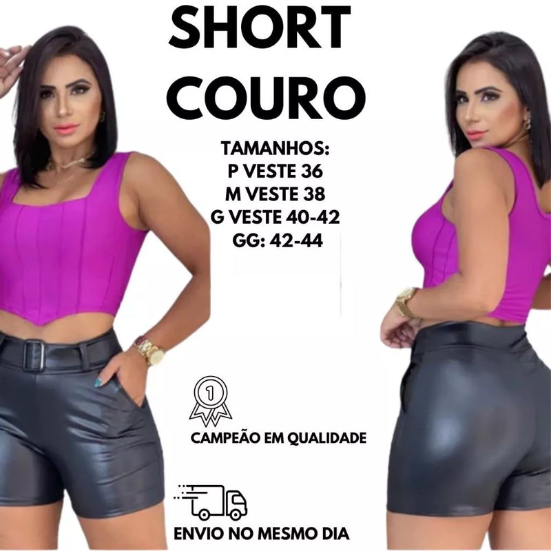 Short Feminino Couro Fake Short Preto De Fivela Cintura Alta com Bolsos