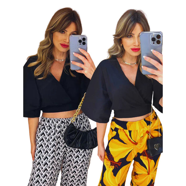 Camisa Cruzada Cropped Básica Manga Larga Morcego Gola V