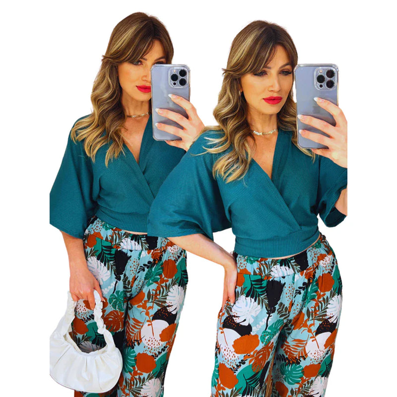Camisa Cruzada Cropped Básica Manga Larga Morcego Gola V