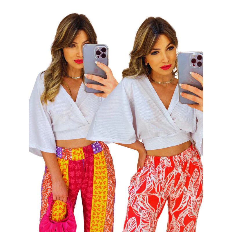 Camisa Cruzada Cropped Básica Manga Larga Morcego Gola V