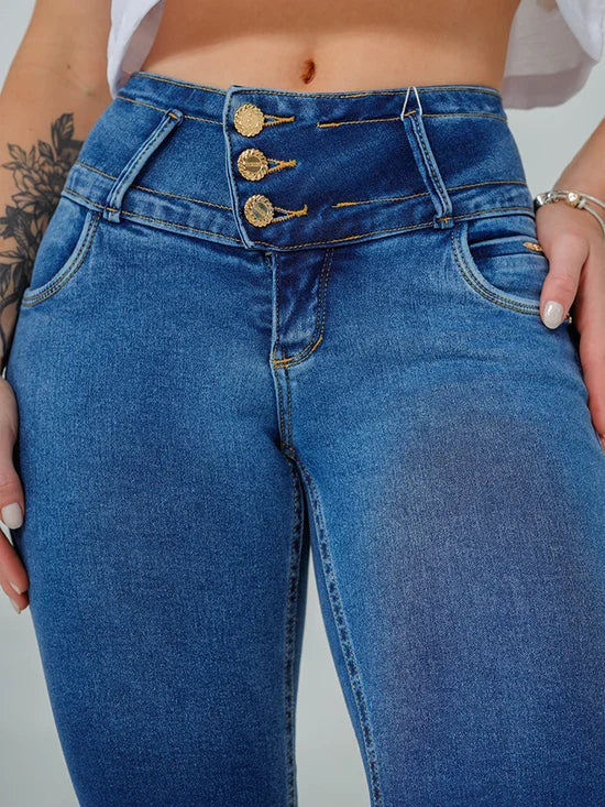 Calça Feminina Jeans Skinny Cós 3 Botões