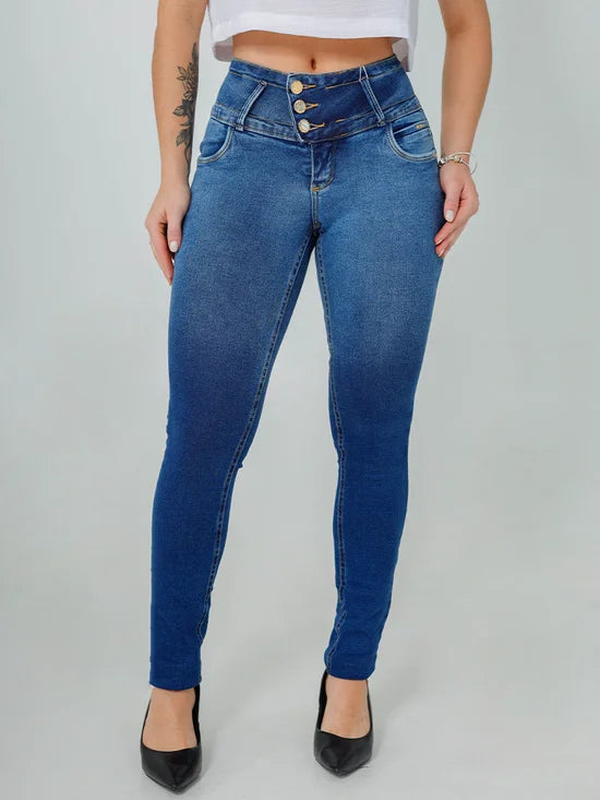 Calça Feminina Jeans Skinny Cós 3 Botões