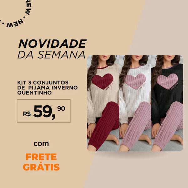 Conjunto de Pijama Macio com Bordado de coração para inverno