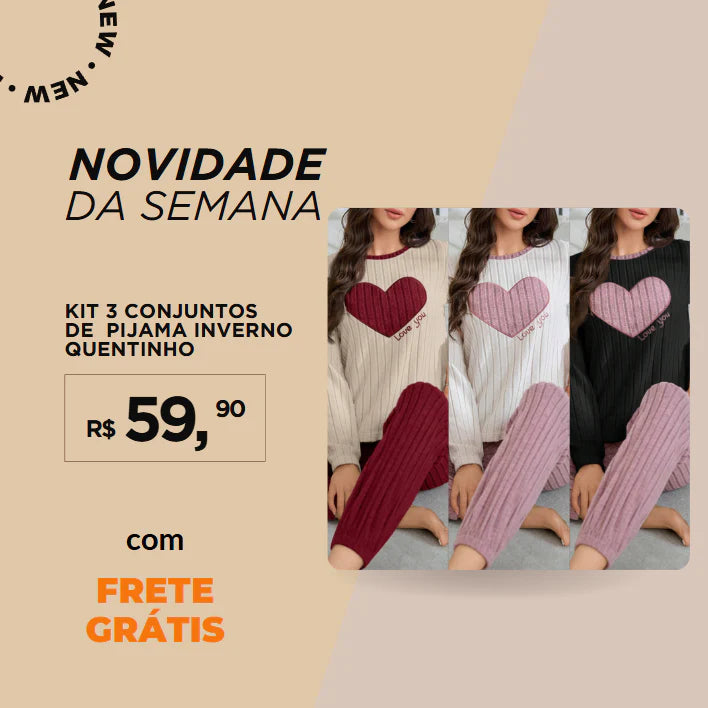 Conjunto de Pijama Macio com Bordado de coração para inverno