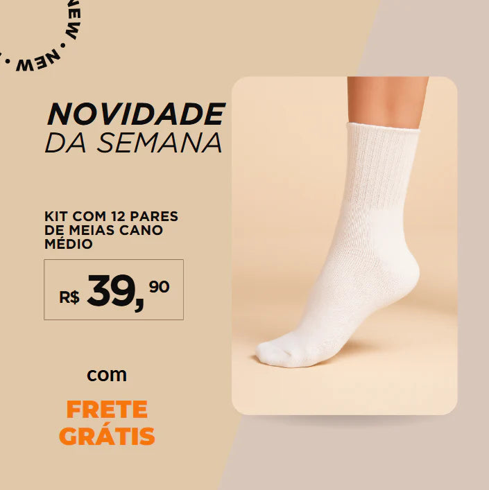 Kit com 12 Pares de Meias Cano Médio