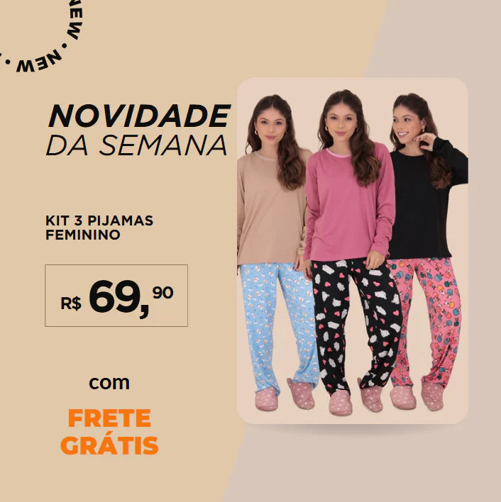 KIT 3 Pijamas Feminino Sonho Manga Longa Felpado Inverno