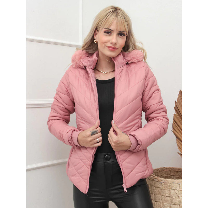 2 Jaquetas Puffer Feminina com Capuz de Pelinho